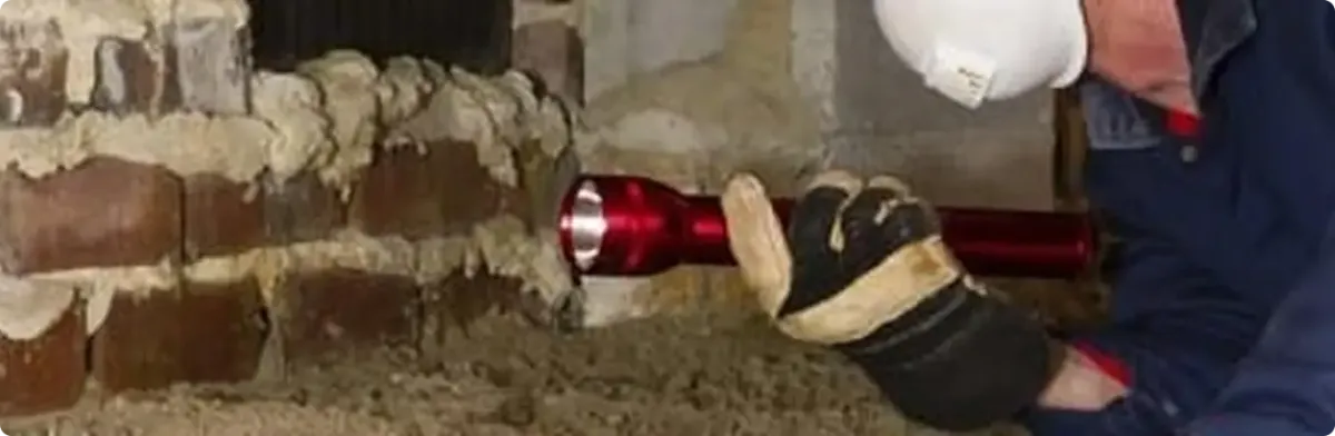 Pest control technician inspecting a crawl space for ant activity in Saraland, AL