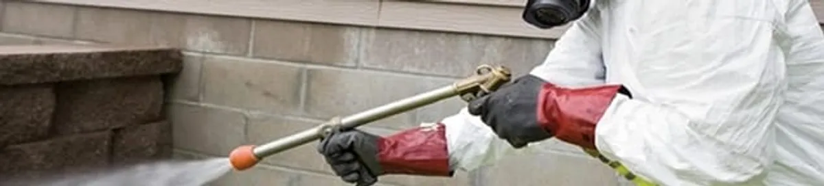 Pest control technician applying exterior insect treatment along a home foundation in Mobile, AL
