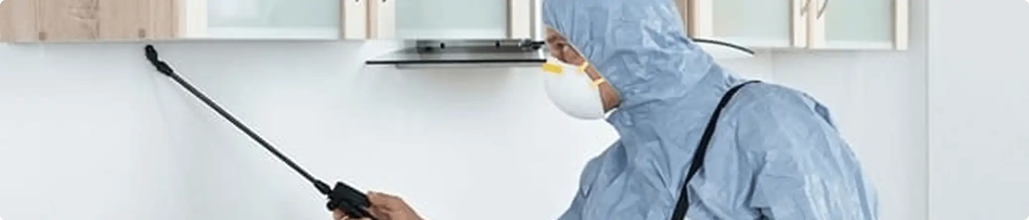 Pest control technician spraying along baseboards for indoor pest treatment in Mobile, AL